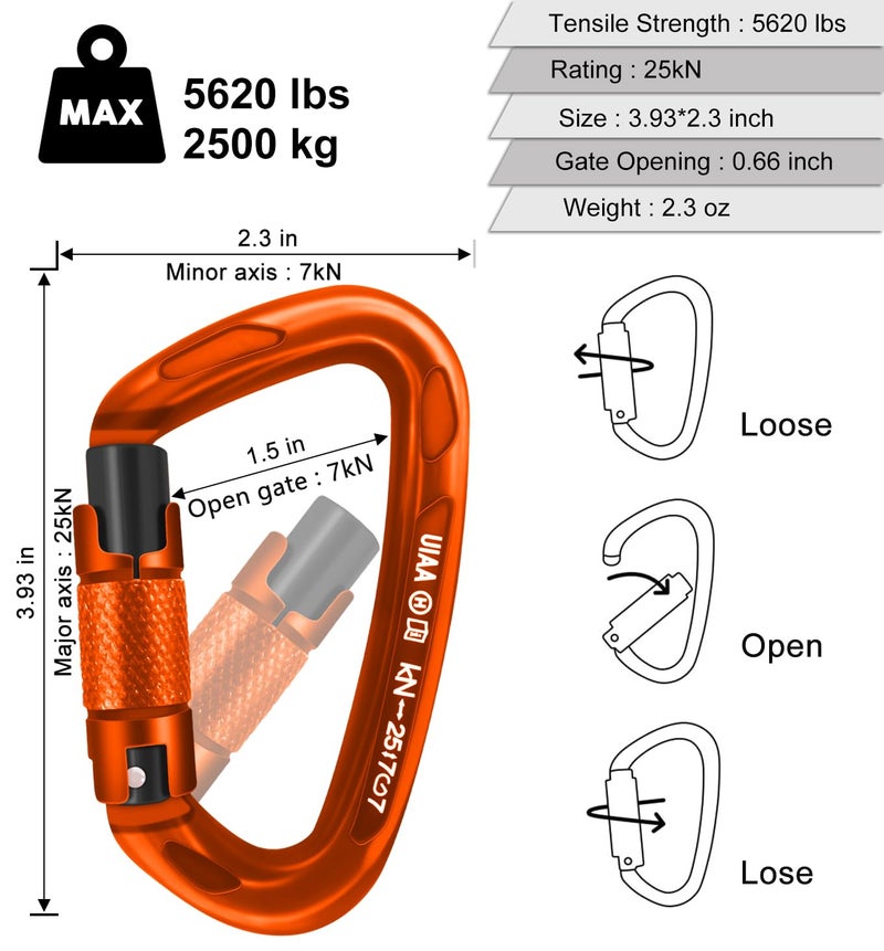 AINIKEY Climbing Carabiner Clips 25kN Auto Locking Carabiner  Professional Heavy Duty Large Locking Carabiner Clips for Rock/Ice Climbing Rappelling Rescue Swing etc  D Shaped  Large Size(Orange-5PCS) - Image 3